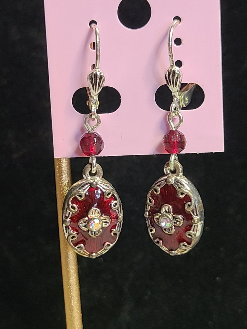 Napier Silver-Tone Red Enamel Drop Earrings with Faceted Bead and Rhinestone